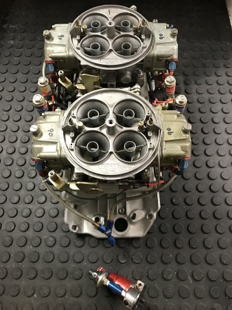 Weiand BBC 9.8” Deck Tunnel Ram Manifold with Dual Holley 1050 Dominators and Complete NOS Single Stage Fogger System