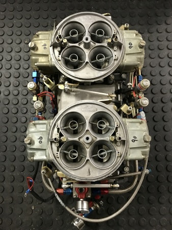 Weiand BBC 9.8” Deck Tunnel Ram Manifold with Dual Holley 1050 Dominators and Complete NOS Single Stage Fogger System