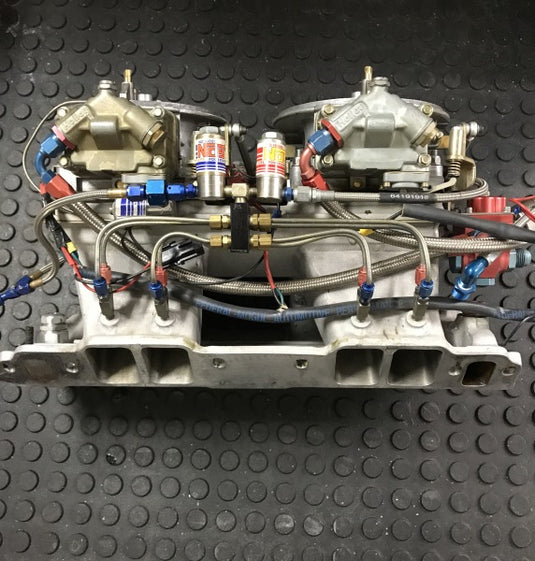 Weiand BBC 9.8” Deck Tunnel Ram Manifold with Dual Holley 1050 Dominators and Complete NOS Single Stage Fogger System